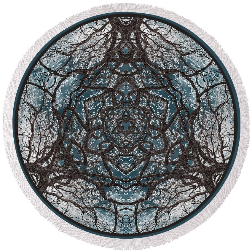 Celtic Round Beach Towel featuring the photograph CeltOak Creation - Celtic trinity knot triquetra vibes evoked by kaleidoscopic view of an oak tree by Peter Herman