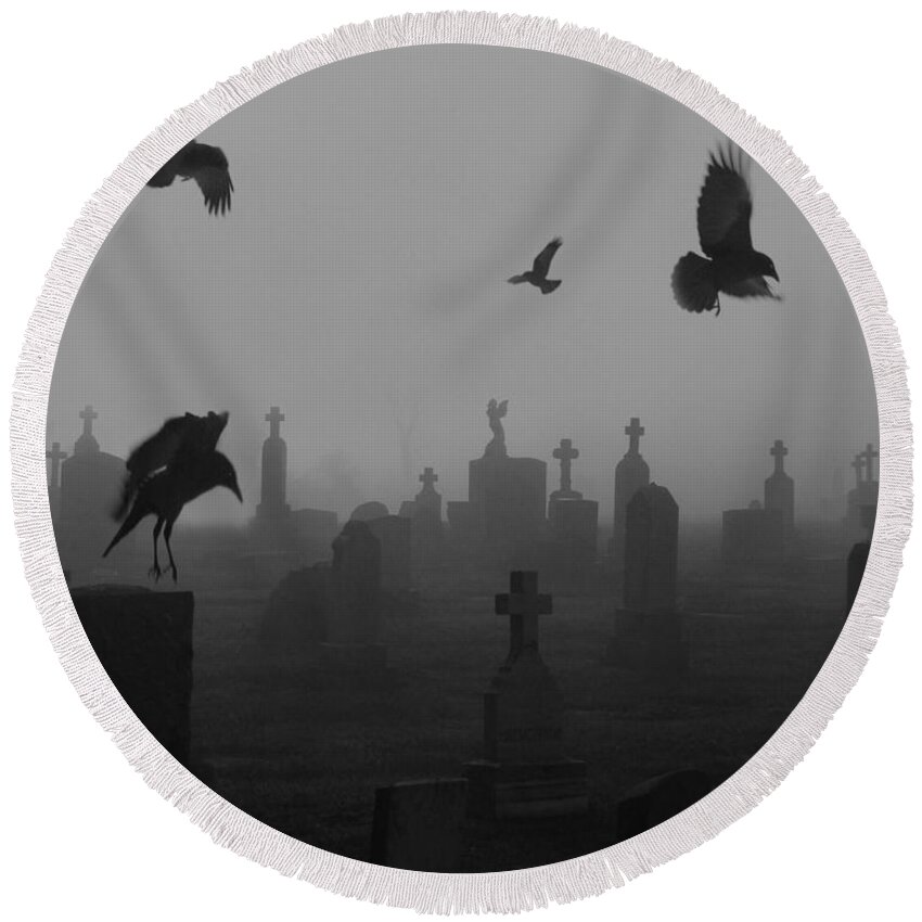 Black And White Round Beach Towel featuring the photograph Cemetery Crows by Gothicrow Images