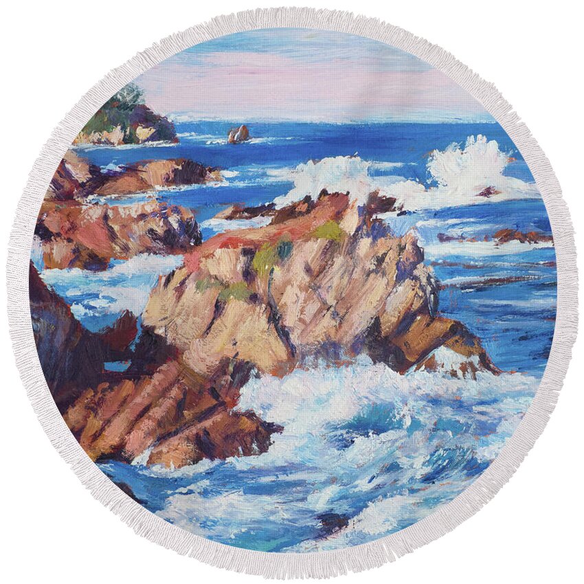 Landscape Round Beach Towel featuring the painting Central Coast At Carmel by David Lloyd Glover
