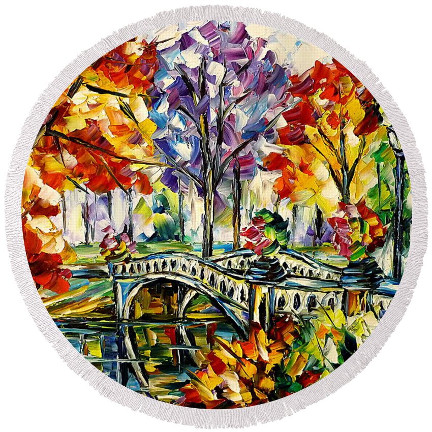 Colorful Cityscape Round Beach Towel featuring the painting Central Park, Bow Bridge by Mirek Kuzniar