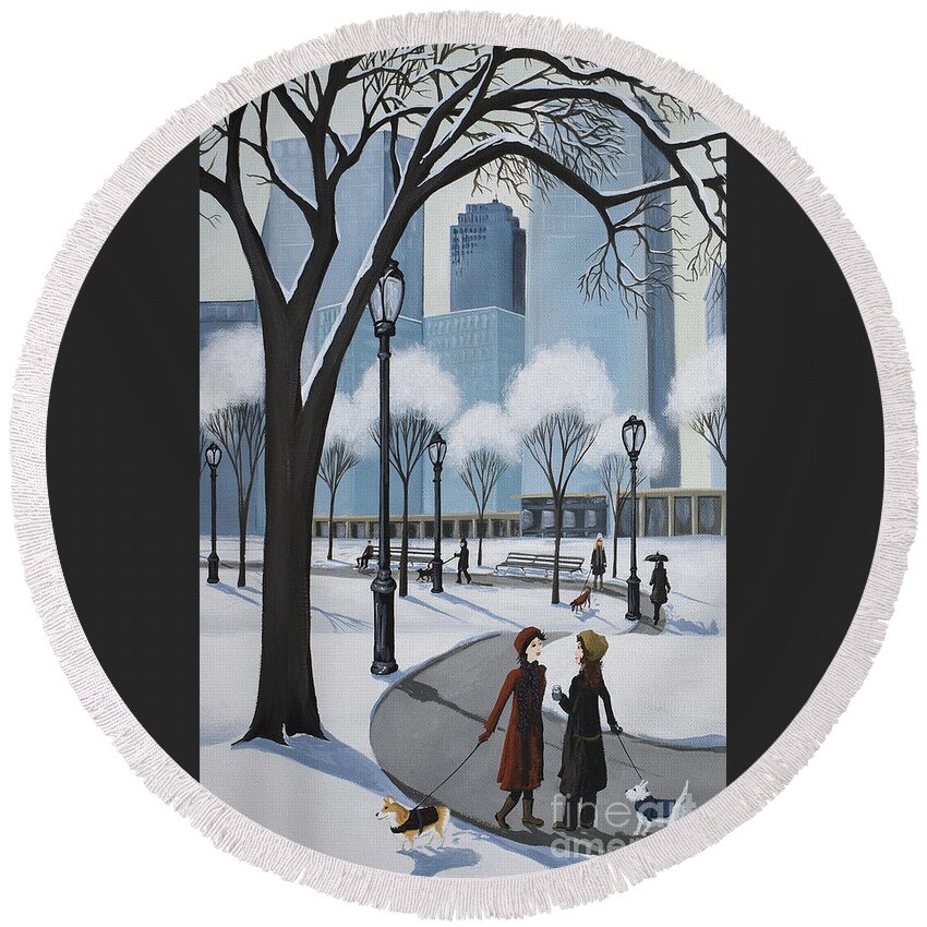 Central Park Round Beach Towel featuring the painting Central Park New York puppies dog by Debbie Criswell