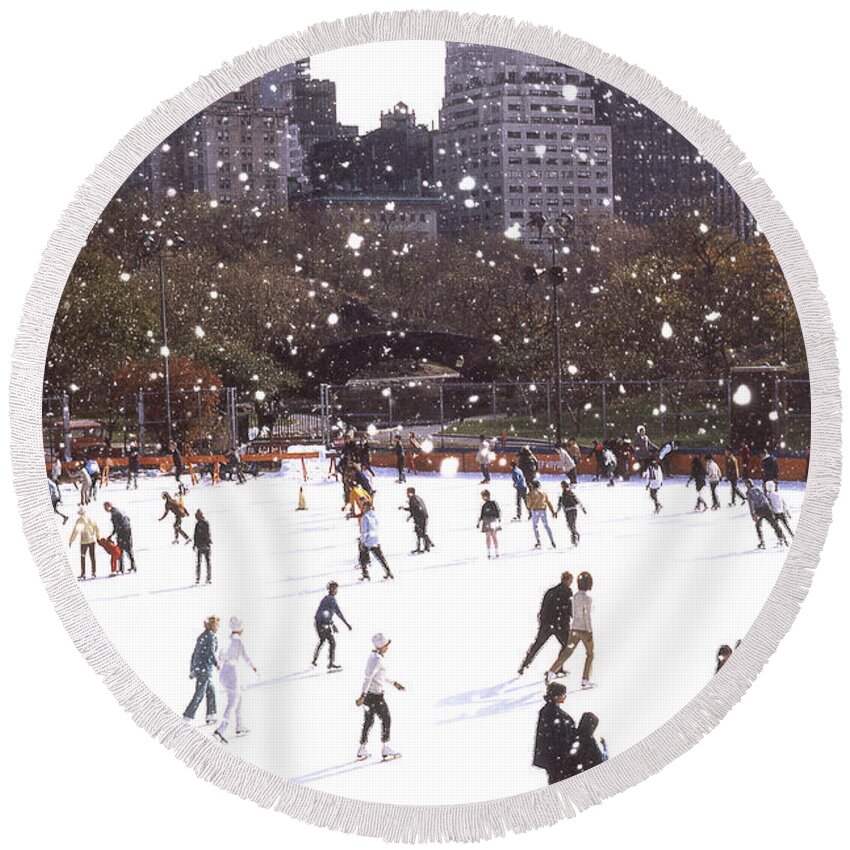 New York Round Beach Towel featuring the photograph Central Park Skaters Color by Russ Considine