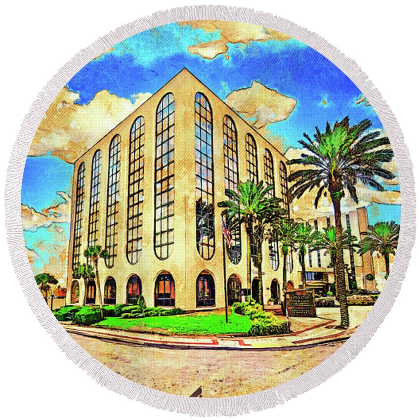 Century Plaza Round Beach Towel featuring the digital art Century Plaza in downtown Lakeland, Florida - digital painting with vintage look by Nicko Prints