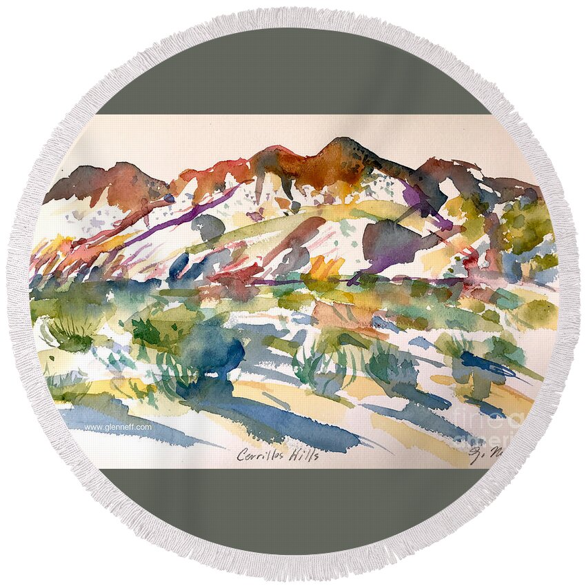 Watercolor Round Beach Towel featuring the painting Cerrillos Hills by Glen Neff