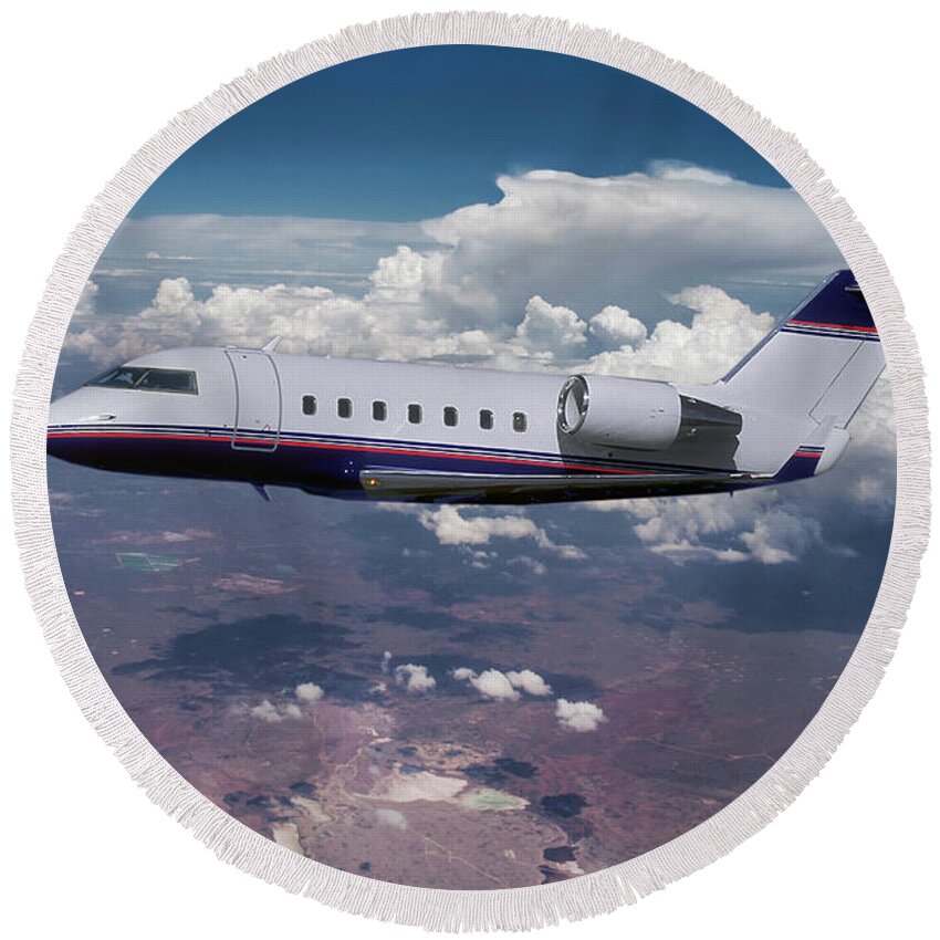 Challenger Business Jet Round Beach Towel featuring the mixed media Challenger Corporate Jet by Erik Simonsen