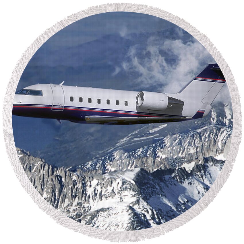 Challenger Business Jet Round Beach Towel featuring the mixed media Challenger Corporate Jet over Snowcapped Mountains by Erik Simonsen