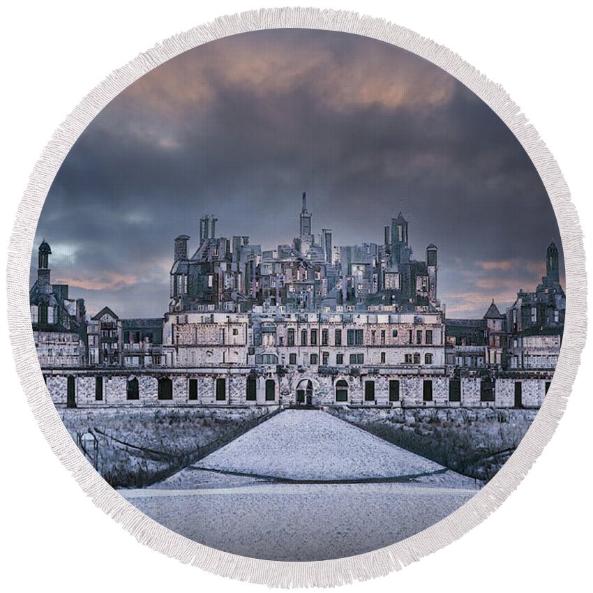 Chateau De Chambord Round Beach Towel featuring the digital art Chambord in Winter by Jim Mathis