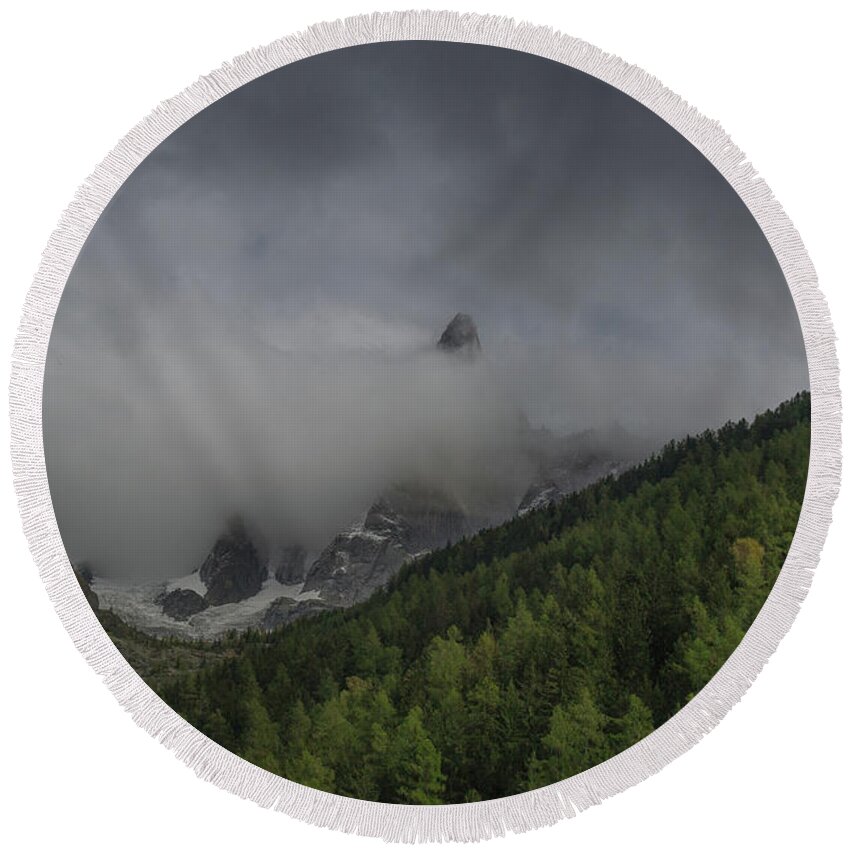 Chamonix Round Beach Towel featuring the photograph Chamonix countryside with Mont Blanc by Andrew Lalchan