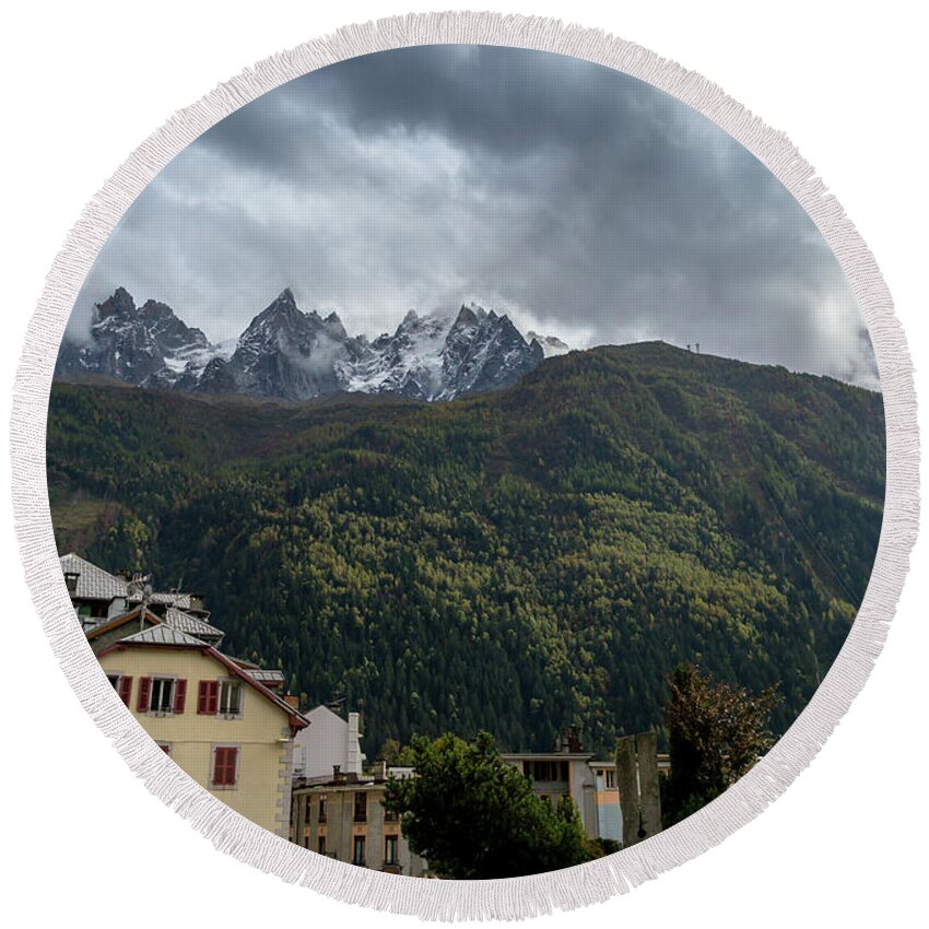 France Round Beach Towel featuring the photograph Chamonix looking up to Mont Blanc by Andrew Lalchan