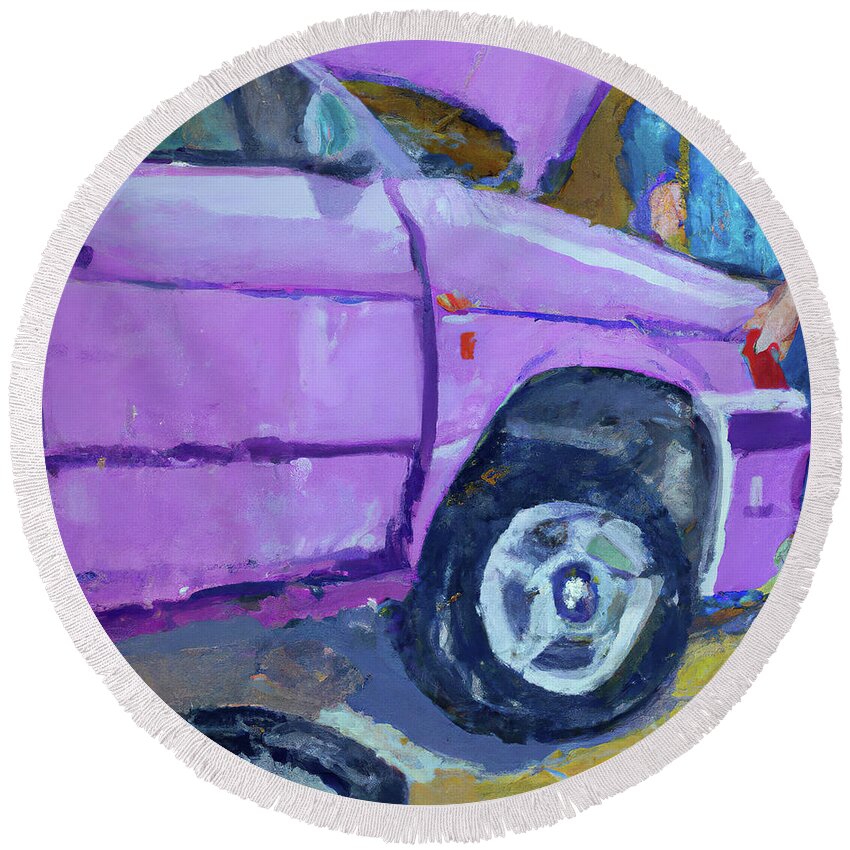 Purple Volkswagen Gulf Round Beach Towel featuring the digital art Changing the tire of a Volkwagen by Cathy Anderson