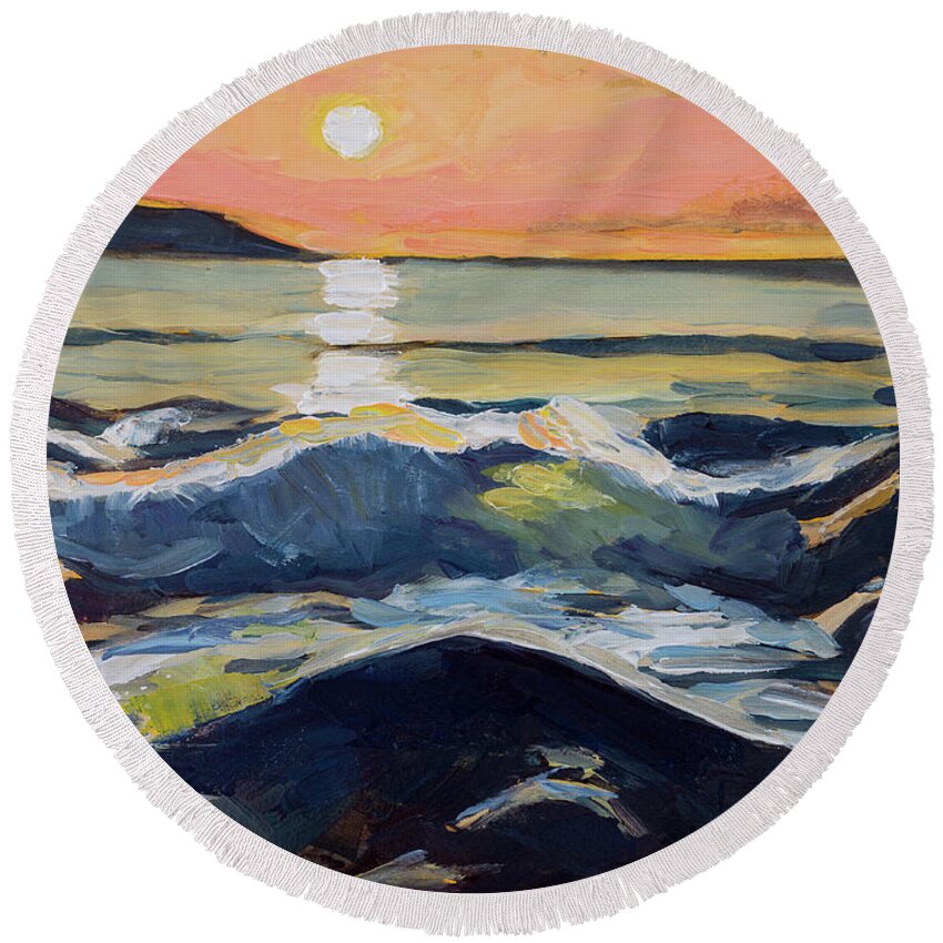 Sunlight Round Beach Towel featuring the painting Chanteiro Beach Sunset Galicia Spain by Pablo Avanzini