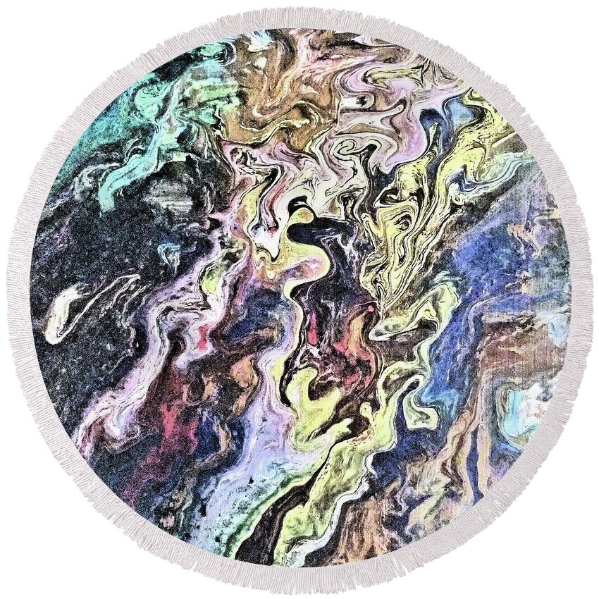Abstract Round Beach Towel featuring the painting Chaos Theroy II by Pour Your heART Out Artworks