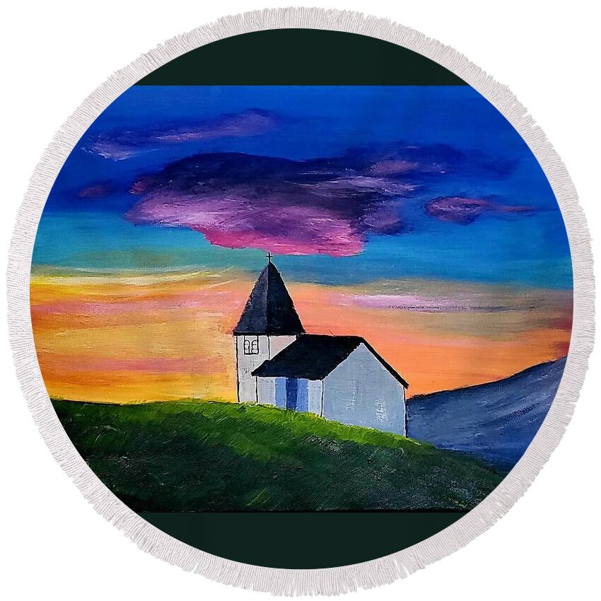 Landscape Round Beach Towel featuring the painting Chapel in the Hills by Amy Kuenzie