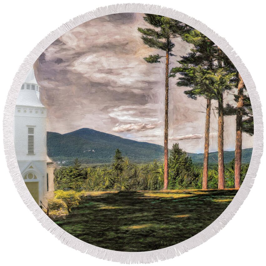 Late Round Beach Towel featuring the photograph Chapel in the Tall Pines by Wayne King