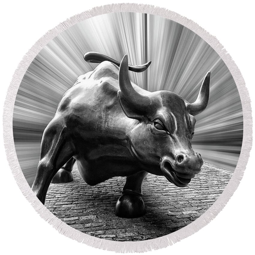 Charging Wall Street Bull B-w Round Beach Towel featuring the photograph Charging Wall Street Bull B-W by Wes and Dotty Weber