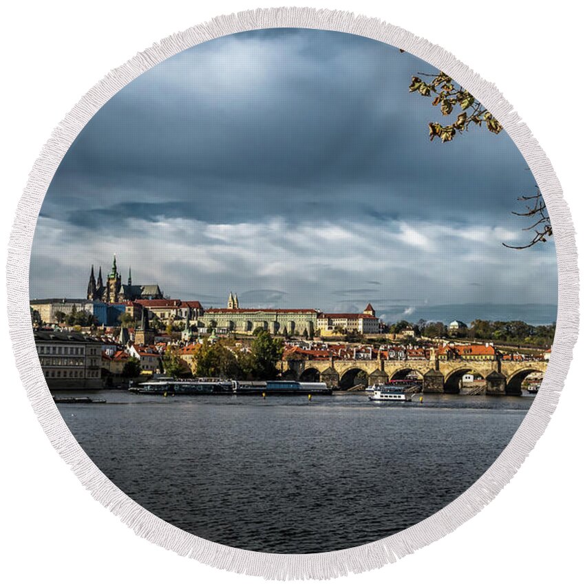 Prague Round Beach Towel featuring the photograph Charles Bridge Over Moldova River And Hradcany Castle In Prague In The Czech Republic by Andreas Berthold
