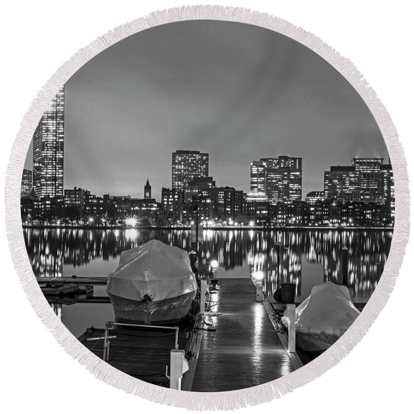 Boston Round Beach Towel featuring the photograph Charles RIver Rainy Night Clear Reflection Pier Black and White by Toby McGuire