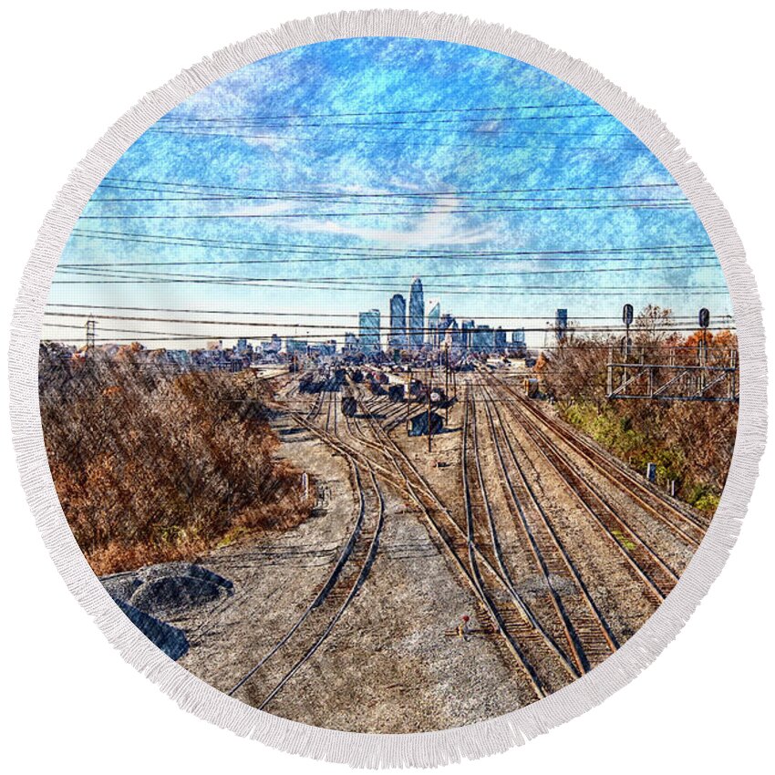 Charlotte-architecture-photography Round Beach Towel featuring the digital art Charlotte Skyline from Matheson Bridge by SnapHappy Photos