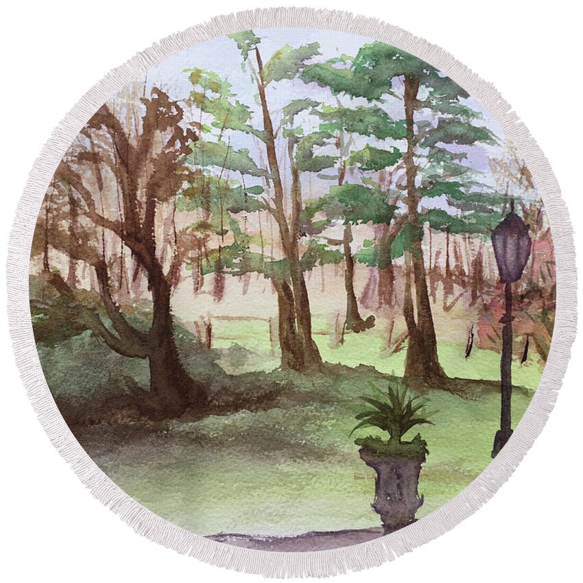 Landscape Round Beach Towel featuring the painting Stanhill Court in Charlwood by Roxy Rich