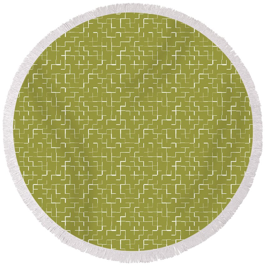 Green Round Beach Towel featuring the painting Chartreuse and White Tile Mosaic by Nikita Coulombe
