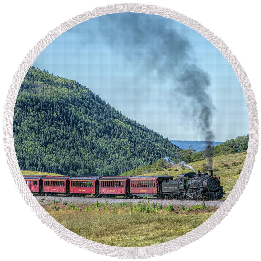 Chama Round Beach Towel featuring the photograph Chasing the Cumbres and Toltec by Debra Martz
