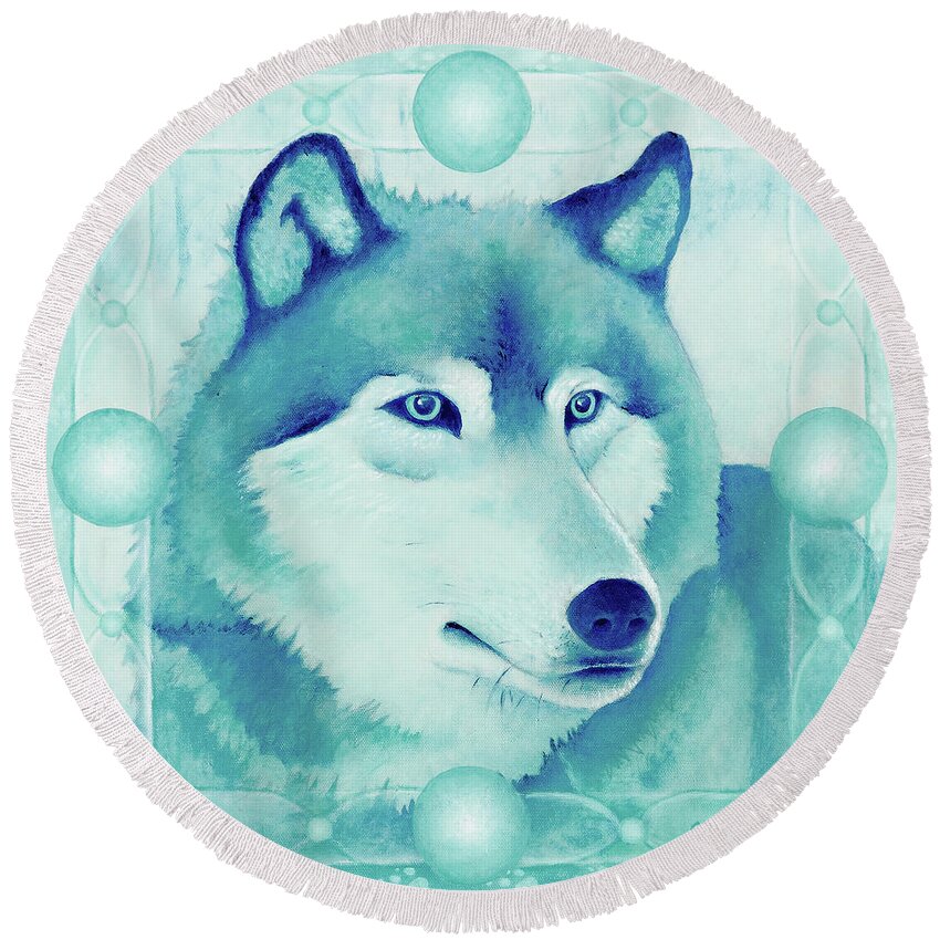 Native American Round Beach Towel featuring the painting Chasing Wolf by Kevin Chasing Wolf Hutchins