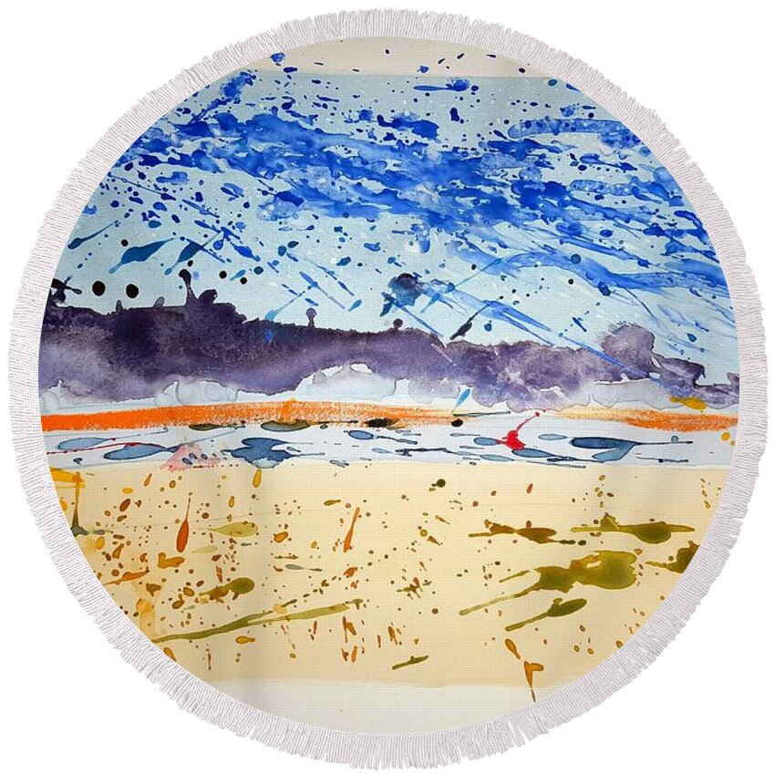 Watercolor Round Beach Towel featuring the painting Chatham Harbor by John Klobucher
