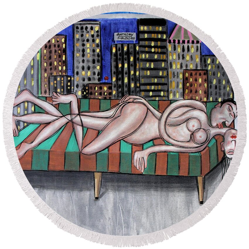 Nude Round Beach Towel featuring the painting Cheap Room With A View by Anthony Falbo