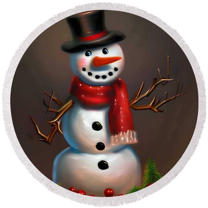 Digital Snowman Christmas Round Beach Towel featuring the digital art Cheeky Snowman by Beverly Read