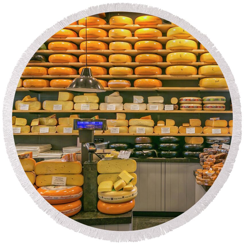Gouda Round Beach Towel featuring the photograph Cheese Shop in Gouda by Jurgen Lorenzen