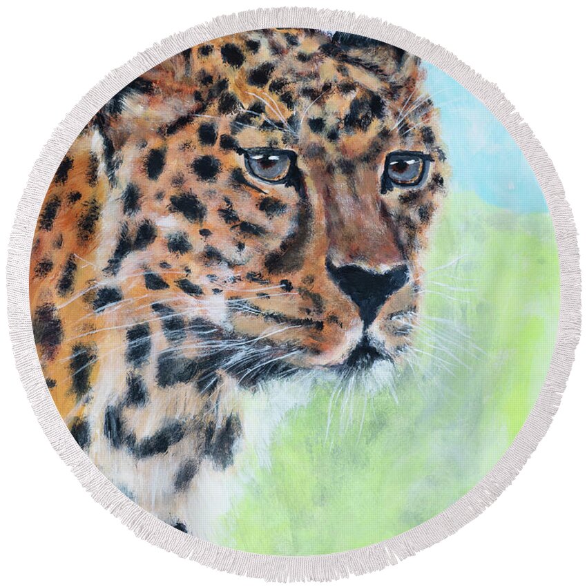 Cheetah Round Beach Towel featuring the painting Cheetah by Mark Ross