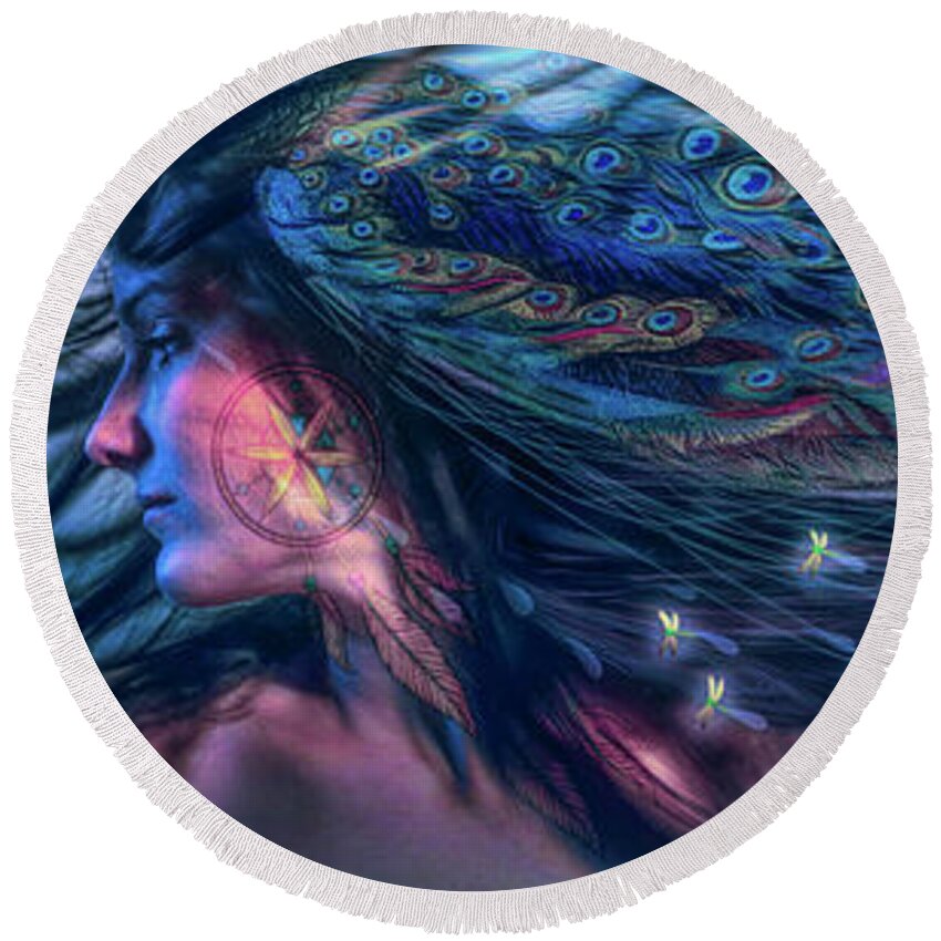 Bird Round Beach Towel featuring the digital art Cherokee Turquoise Tears Become Fireflies by Debra and Dave Vanderlaan