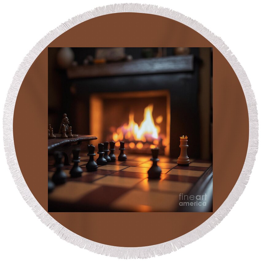 Chess Round Beach Towel featuring the mixed media Chess By The Fire by Jay Schankman