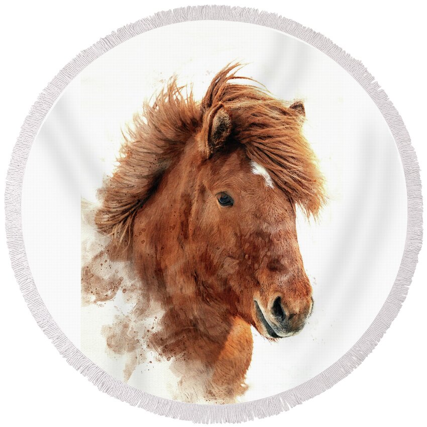 Icelandic Round Beach Towel featuring the photograph Chestnut Icelandic horse, islenski hesturinn, digital watercolour. Close up of face and mane. by Jane Rix