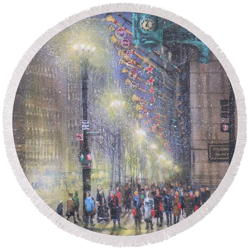 Chicago Round Beach Towel featuring the painting Chicago Clock by Tom Shropshire