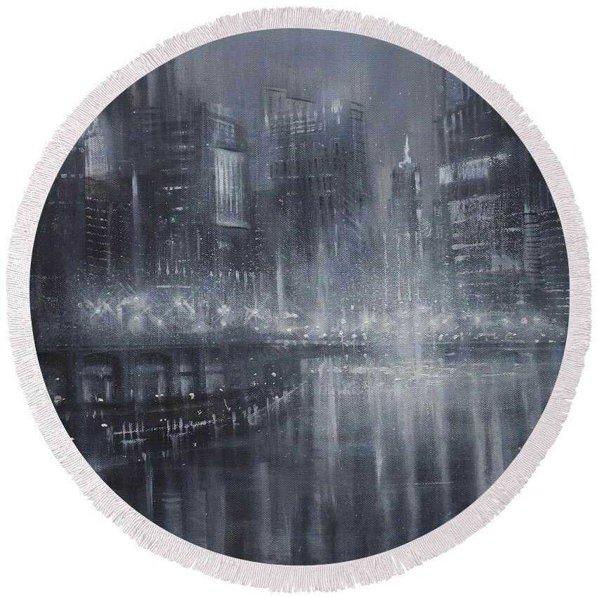 Chicago Round Beach Towel featuring the painting Chicago Noir by Tom Shropshire