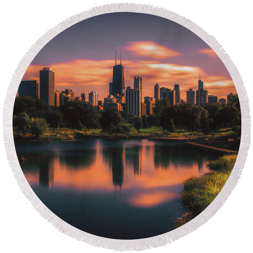 Chicago Round Beach Towel featuring the photograph Chicago skyline from Lincoln Park by Jay Smith
