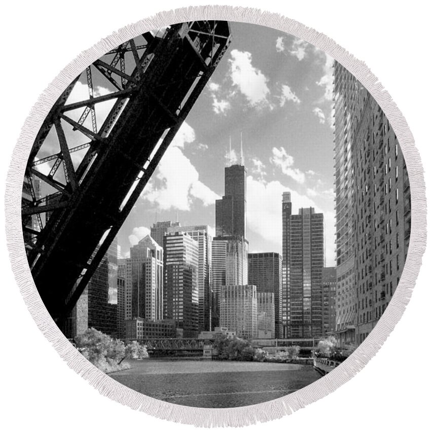 Architecture Round Beach Towel featuring the photograph Chicago Skyline Raised River Bridge by Patrick Malon