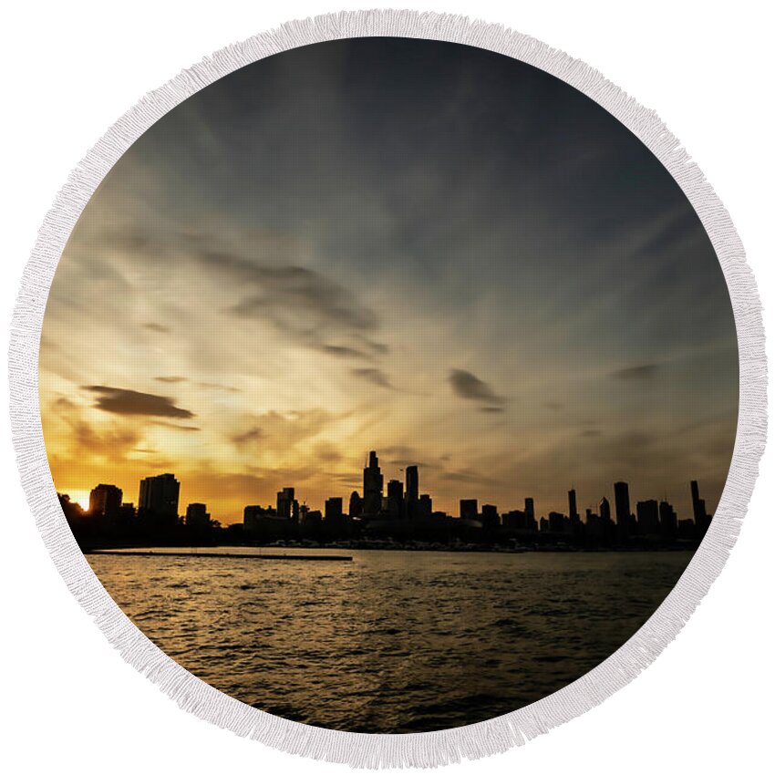 Burham Harbor Round Beach Towel featuring the photograph Chicago skyline silhouette by Sven Brogren