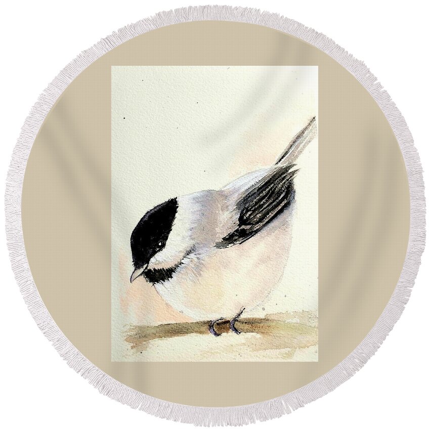 Chickadee Round Beach Towel featuring the painting Chickadee Baby by Deahn Benware