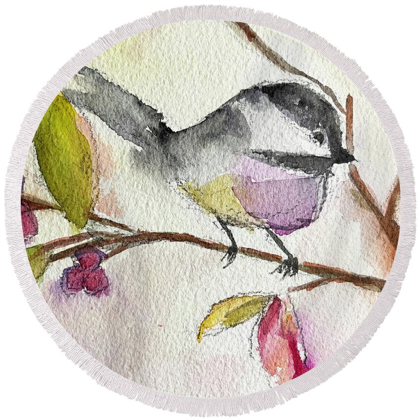 Watercolor Chickadee Round Beach Towel featuring the painting Chickadee perched in a Tree by Roxy Rich