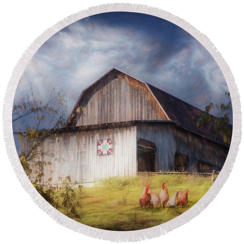 Chicken Round Beach Towel featuring the photograph Chickens at the Farm Barn Painting by Debra and Dave Vanderlaan