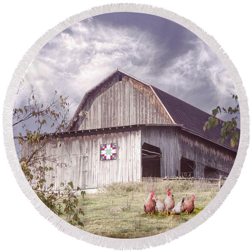 Old Round Beach Towel featuring the photograph Chickens at the Farmhouse Barn by Debra and Dave Vanderlaan
