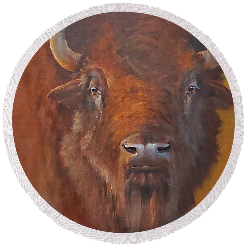 Bison Bull Round Beach Towel featuring the painting Chief by Paul K Hill