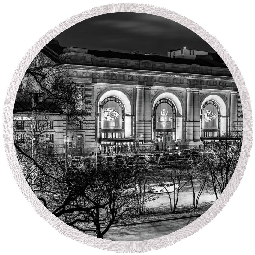 Kansas City Chiefs Round Beach Towel featuring the photograph Chiefs Banners on Union Station - Kansas City Monochrome by Gregory Ballos