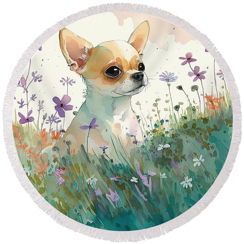 Chihuahua Round Beach Towel featuring the digital art Chihuahua in a flower field 4 by Debbie Brown