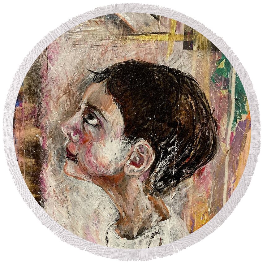 Child Round Beach Towel featuring the painting Child looking up by David Euler