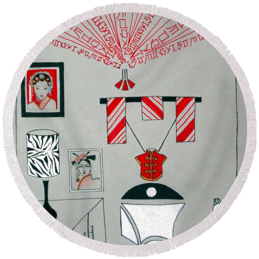 Bathroom Round Beach Towel featuring the drawing Chinese Throne Room by Jayne Somogy