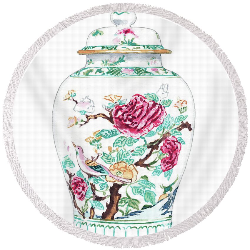 Ginger Jar Round Beach Towel featuring the painting Chinoiserie Rose Famille Ginger Jar No. 1 by Laura Row