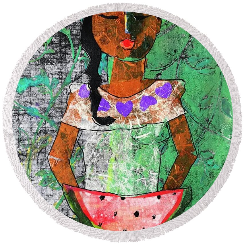 Abstract Portrait Round Beach Towel featuring the painting Chiquita con Melon by Elaine Elliott